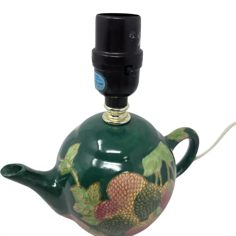 Vintage Ceramic Teapot Lamp Raised Fruit Green Chinoiserie Table Light